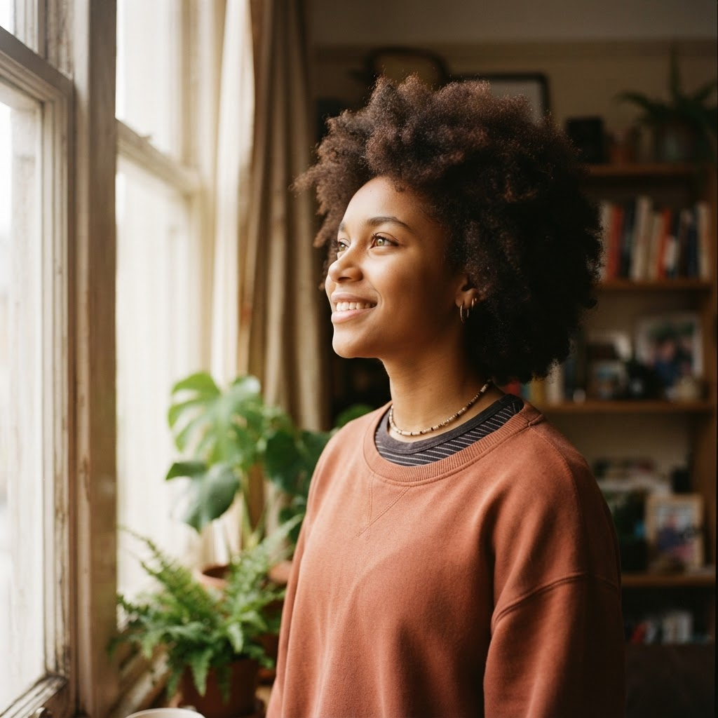 A hopeful teenager looking toward the light, symbolizing possibility and a brighter future