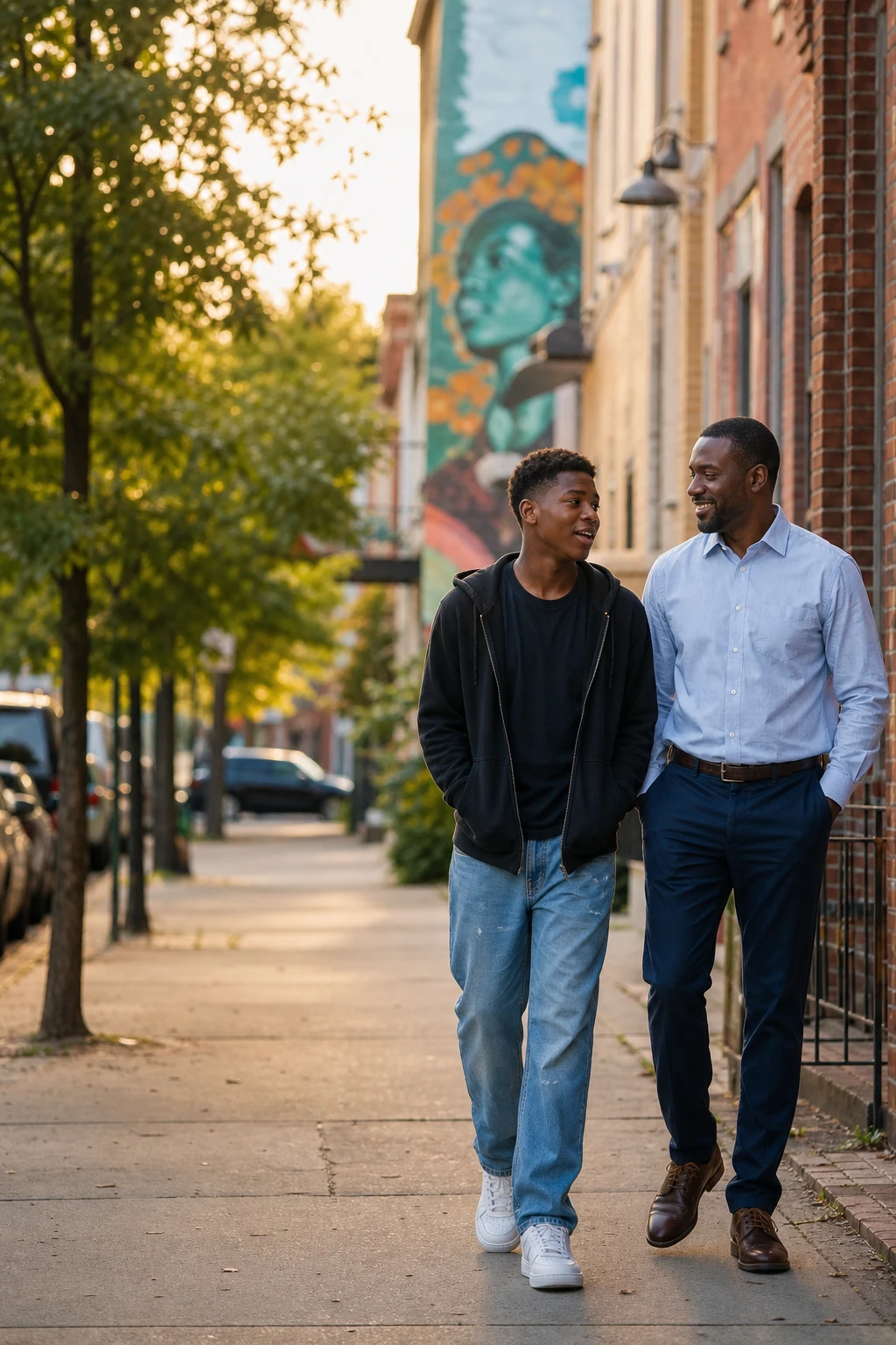 A mentor and a young person in conversation, both smiling, seated outdoors in natural light